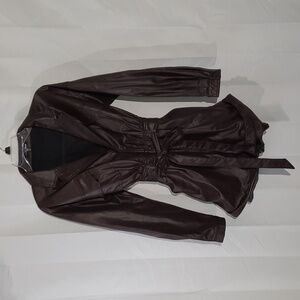 Faux leather long sleeve romper brown with belt. 4 pocket.